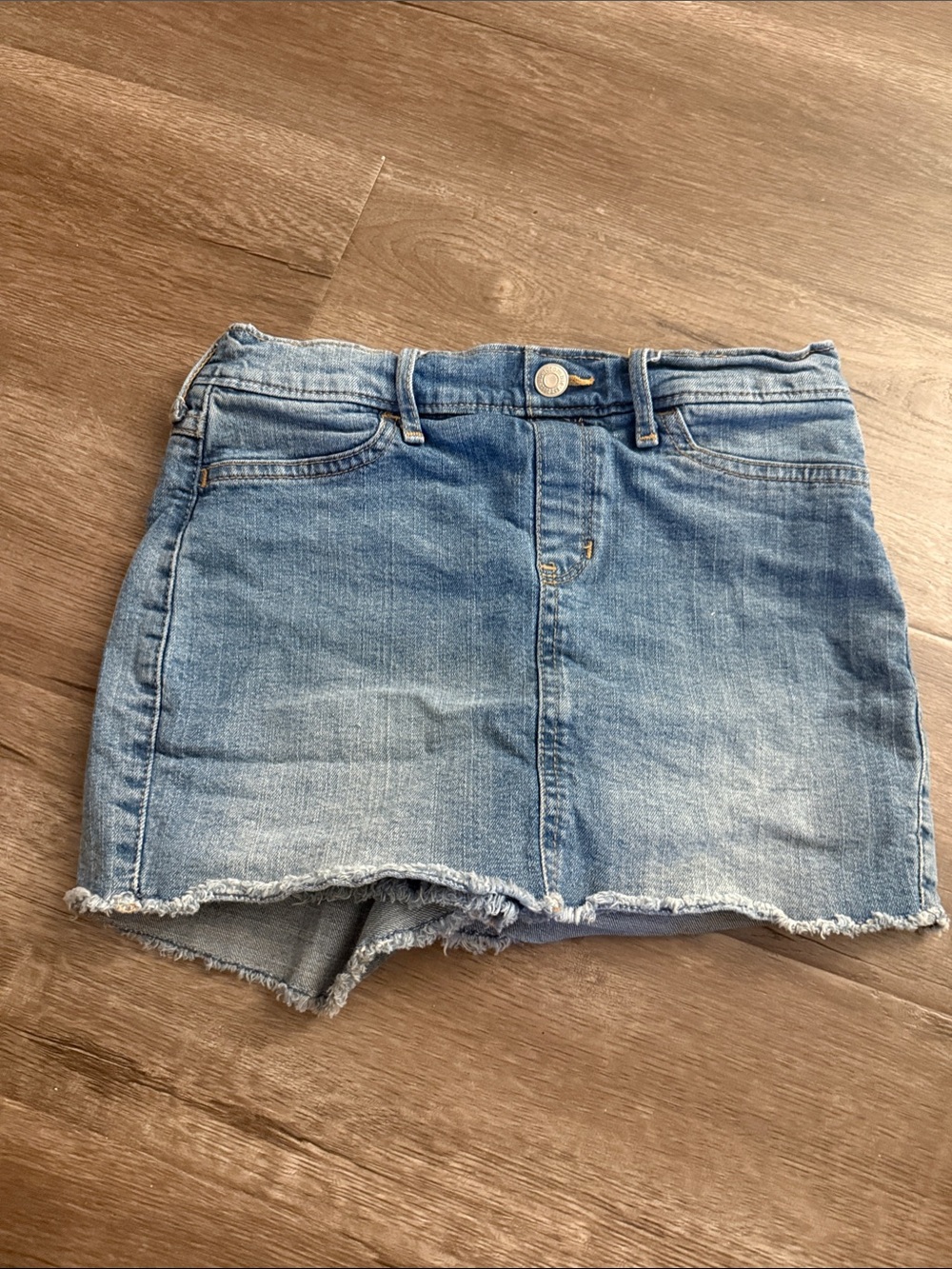 abercrombie kids light blue denim mini skirt with frayed hem